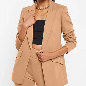 Express Columnist Open Front Peak Lapel Boyfriend Blazer Jacket Camel Tan M EUC